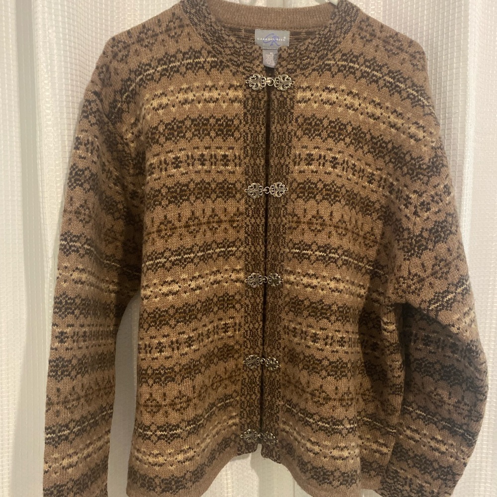 100% wool Carroll Reed sweater with silver toggles . Mix of neutral colors